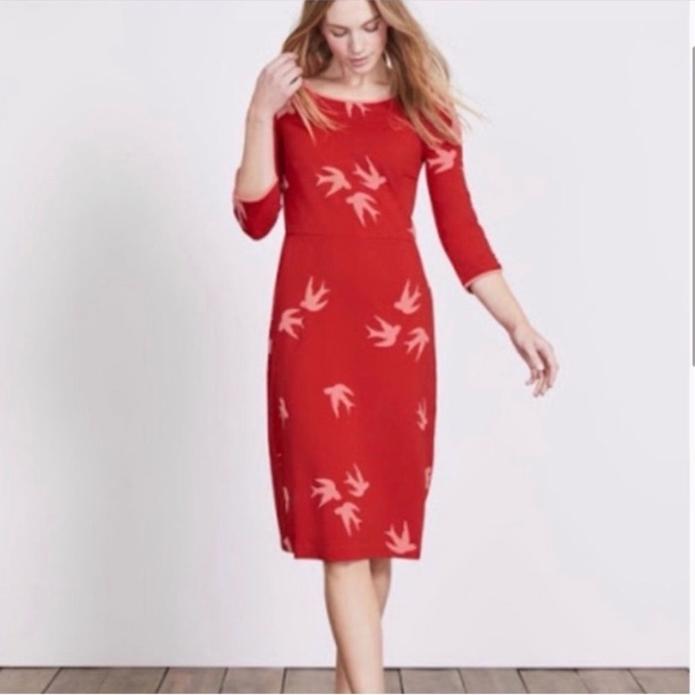 Boden Jessie Swallows Birds Red Pink Jersey Knit Knee Length Dress Size 8 Reg